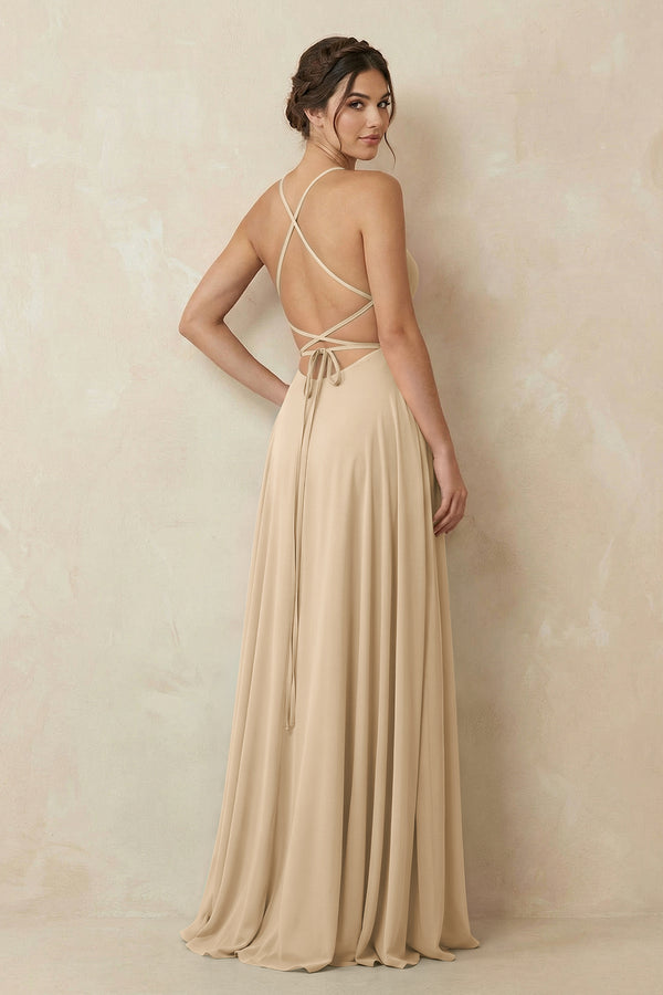 Champagne A-Line Chiffon Bridesmaid Dress With Slit (2) | KISSBRIDAL