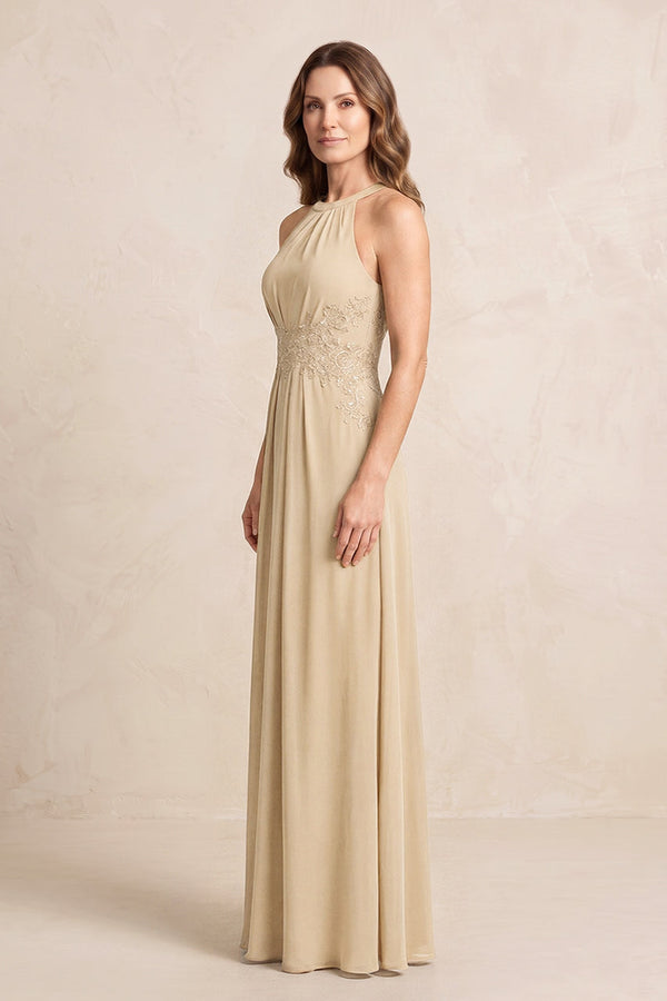Champagne A-Line Chiffon Embroidered Halter Mother of the Bride Dress (3) | KISSBRIDAL