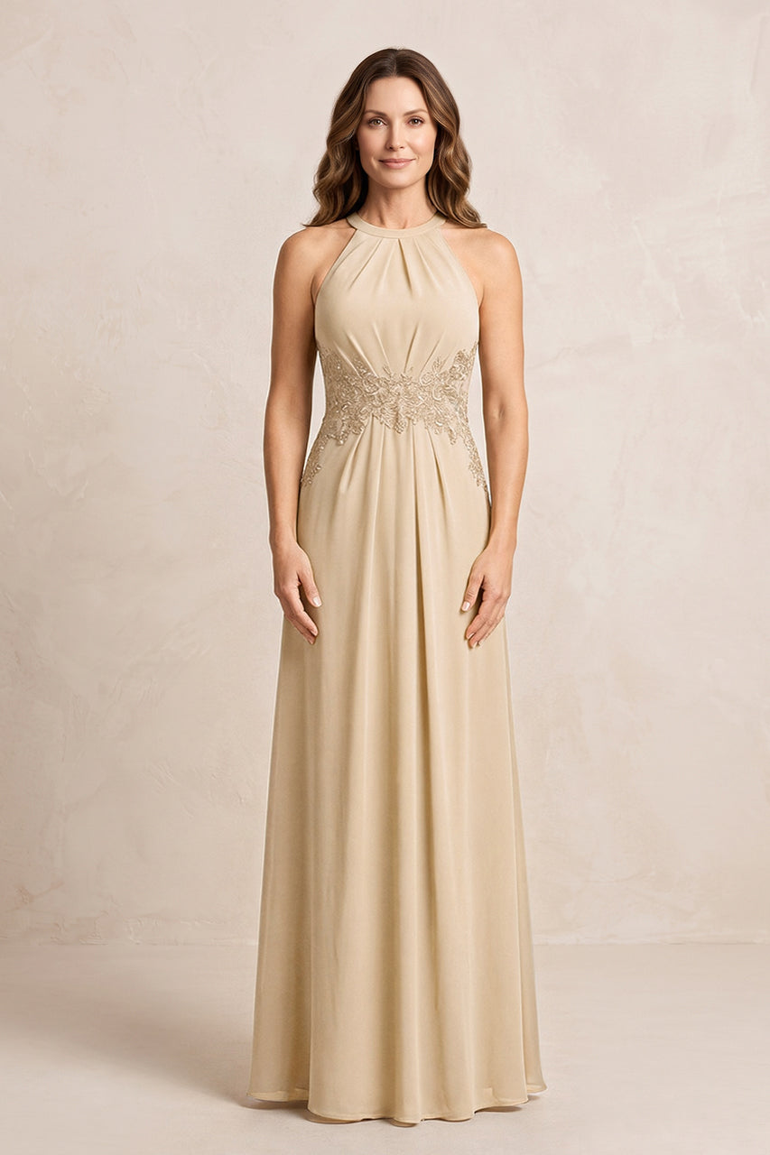 Champagne A-Line Chiffon Embroidered Halter Mother of the Bride Dress