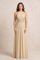 Champagne A-Line Chiffon Embroidered Halter Mother of the Bride Dress | KISSBRIDAL