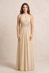 Champagne A-Line Chiffon Embroidered Halter Mother of the Bride Dress | KISSBRIDAL