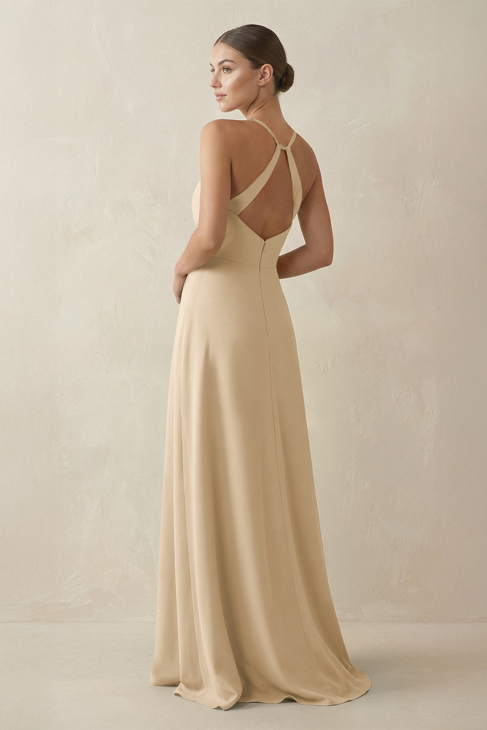 A-Line Chiffon Long Bridesmaid Dress With Slit in Champagne