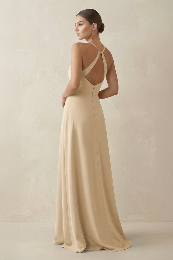 Champagne A-Line Chiffon Long Bridesmaid Dress With Slit (2) | KISSBRIDAL