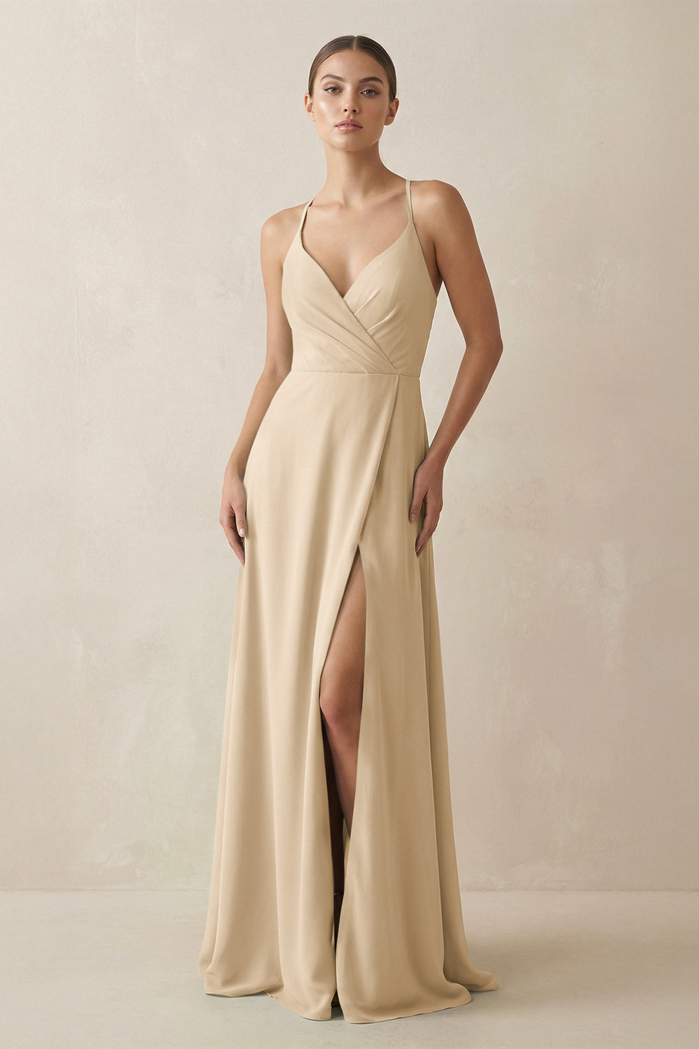 A-Line Chiffon Long Bridesmaid Dress With Slit in Champagne