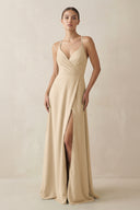 Champagne A-Line Chiffon Long Bridesmaid Dress With Slit | KISSBRIDAL