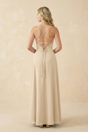 Champagne A-Line Chiffon Spaghetti Strap Bridesmaid Dress (2) | KISSBRIDAL