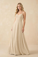 Champagne A-Line Chiffon Spaghetti Strap Bridesmaid Dress | KISSBRIDAL