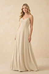 Champagne A-Line Chiffon Spaghetti Strap Bridesmaid Dress | KISSBRIDAL