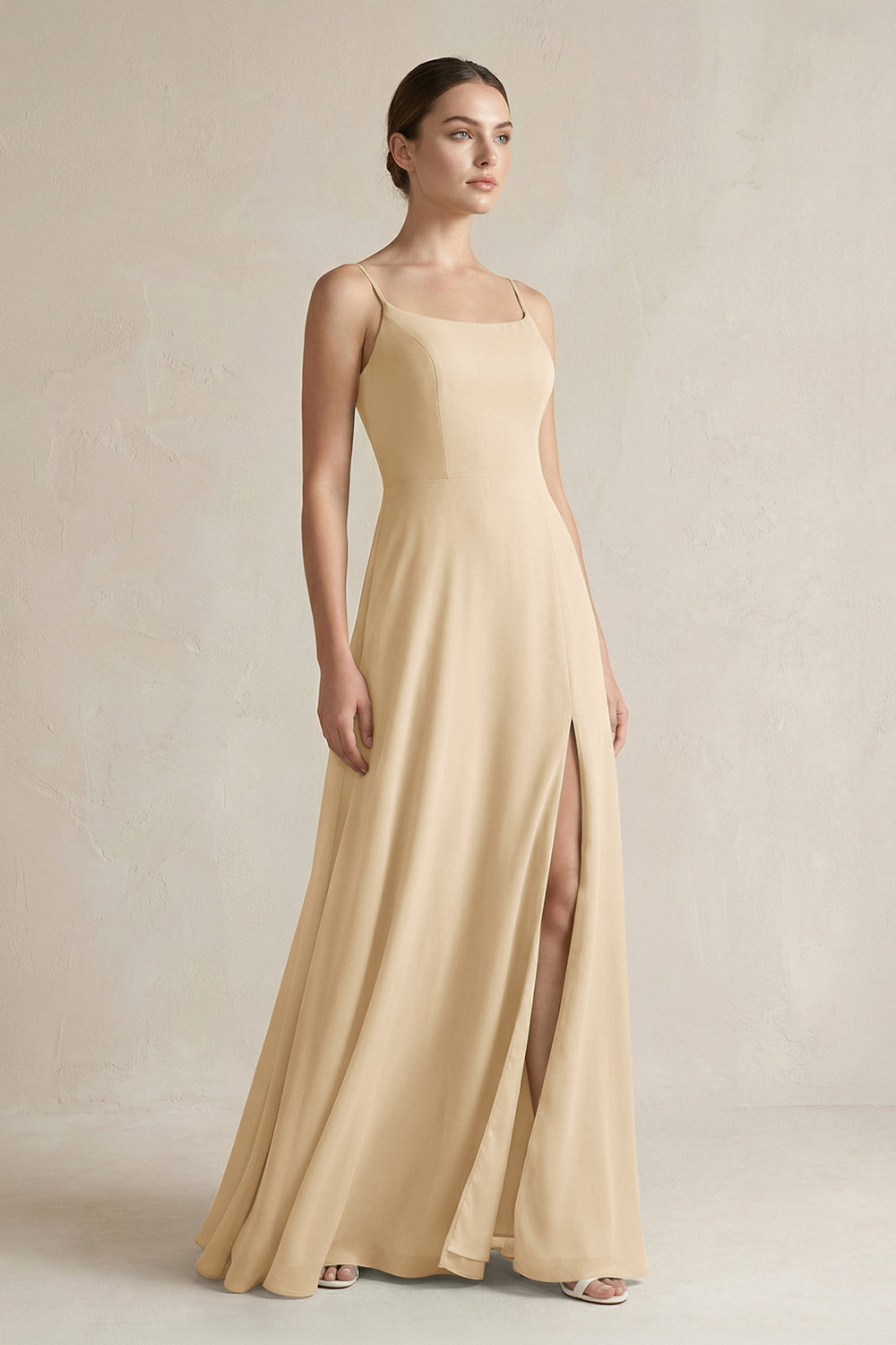 A-Line Chiffon Spaghetti Strap Bridesmaid Dress in Champagne