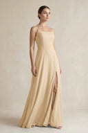 Champagne A-Line Chiffon Spaghetti Strap Bridesmaid Dress | KISSBRIDAL
