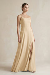 Champagne A-Line Chiffon Spaghetti Strap Bridesmaid Dress | KISSBRIDAL