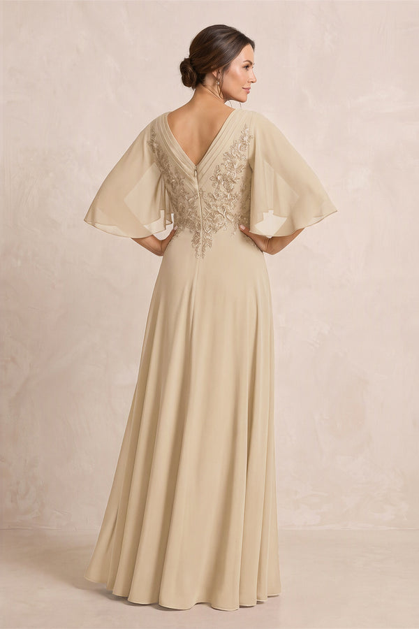 Champagne A-Line Embroidered Chiffon Mother of the Bride Dress With Sleeves (2) | KISSBRIDAL
