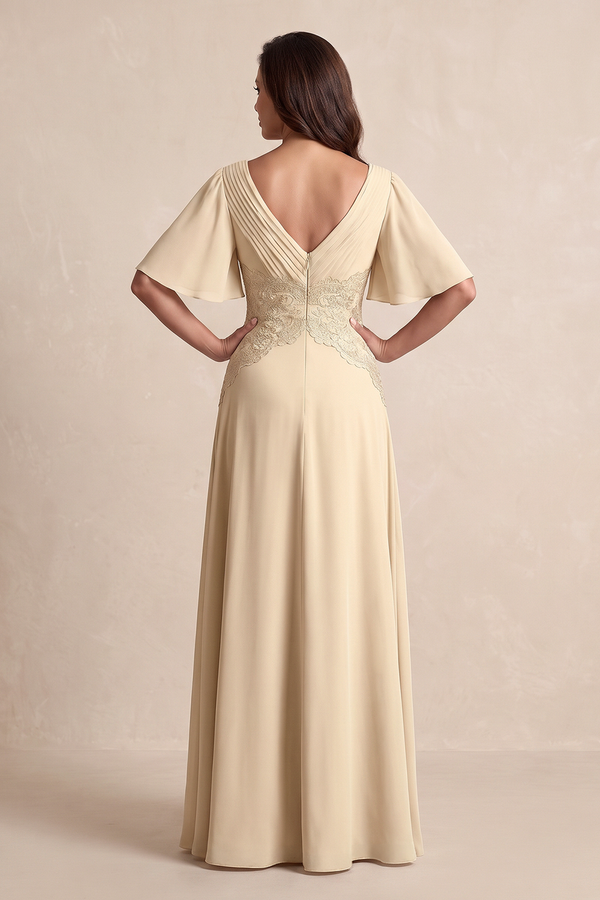 Champagne A-Line Embroidered Chiffon Mother of the Bride Dress With Sleeves (2) | KISSBRIDAL