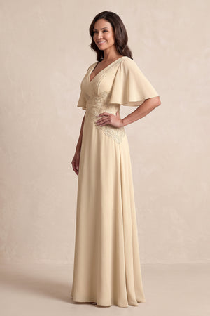 Champagne A-Line Embroidered Chiffon Mother of the Bride Dress With Sleeves (3) | KISSBRIDAL