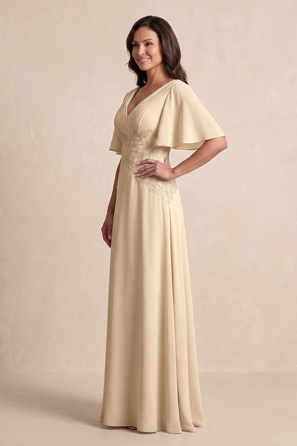 Champagne A-Line Embroidered Chiffon Mother of the Bride Dress With Sleeves (3) | KISSBRIDAL