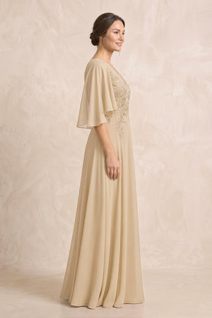 Champagne A-Line Embroidered Chiffon Mother of the Bride Dress With Sleeves (3) | KISSBRIDAL