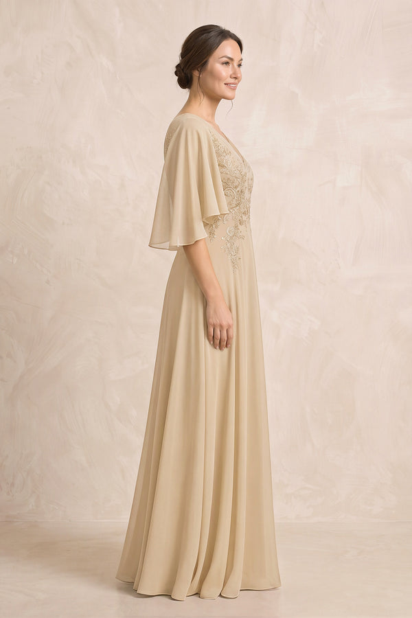 Champagne A-Line Embroidered Chiffon Mother of the Bride Dress With Sleeves (3) | KISSBRIDAL