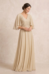 Champagne A-Line Embroidered Chiffon Mother of the Bride Dress With Sleeves | KISSBRIDAL