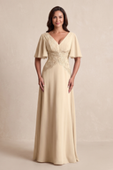 Champagne A-Line Embroidered Chiffon Mother of the Bride Dress With Sleeves | KISSBRIDAL