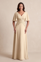 Champagne A-Line Embroidered Chiffon Mother of the Bride Dress With Sleeves | KISSBRIDAL