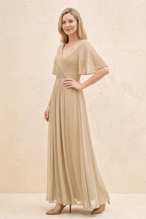 Champagne A-Line Flutter Sleeves Chiffon Mother of the Bride Dress (3) | KISSBRIDAL