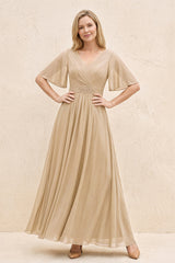 Champagne A-Line Flutter Sleeves Chiffon Mother of the Bride Dress | KISSBRIDAL