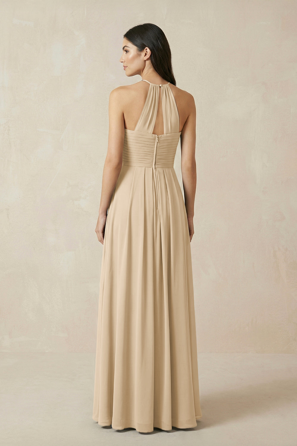 A-Line Halter Neck Pleated Chiffon Bridesmaid Dress in Champagne