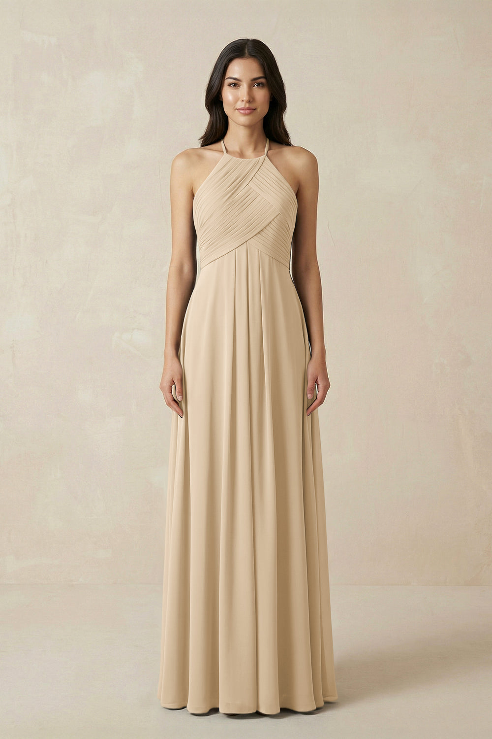A-Line Halter Neck Pleated Chiffon Bridesmaid Dress in Champagne