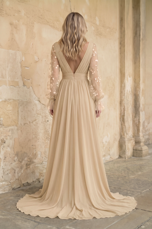 Champagne A Line Long Sleeves Chiffon Wedding Dress in Champagne (2) | KISSBRIDAL