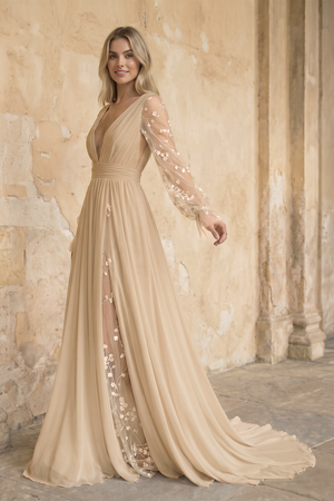 Champagne A Line Long Sleeves Chiffon Wedding Dress in Champagne (3) | KISSBRIDAL