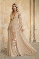 Champagne A Line Long Sleeves Chiffon Wedding Dress in Champagne | KISSBRIDAL