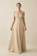 Champagne A-Line Off-the-Shoulder Chiffon Bridesmaid Dress | KISSBRIDAL
