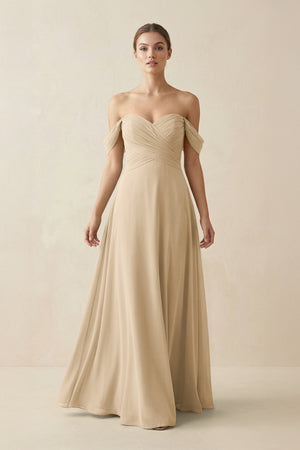 Champagne A-Line Off-the-Shoulder Chiffon Bridesmaid Dress | KISSBRIDAL
