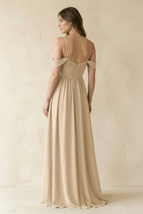 Champagne A-Line Off-the-Shoulder Pleated Chiffon Bridesmaid Dress (2) | KISSBRIDAL