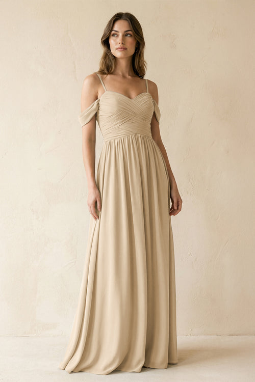 Champagne A-Line Off-the-Shoulder Pleated Chiffon Bridesmaid Dress | KISSBRIDAL