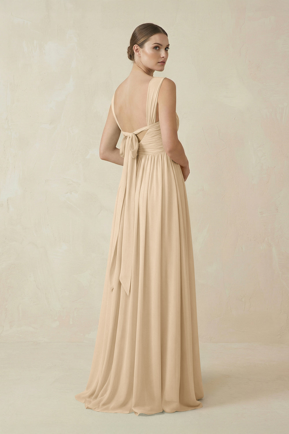 A-Line Pleated Chiffon Long Bridesmaid Dress in Champagne