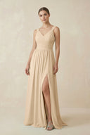 Champagne A-Line Pleated Chiffon Long Bridesmaid Dress | KISSBRIDAL