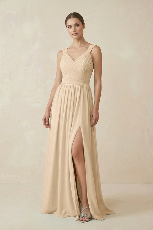Champagne A-Line Pleated Chiffon Long Bridesmaid Dress | KISSBRIDAL