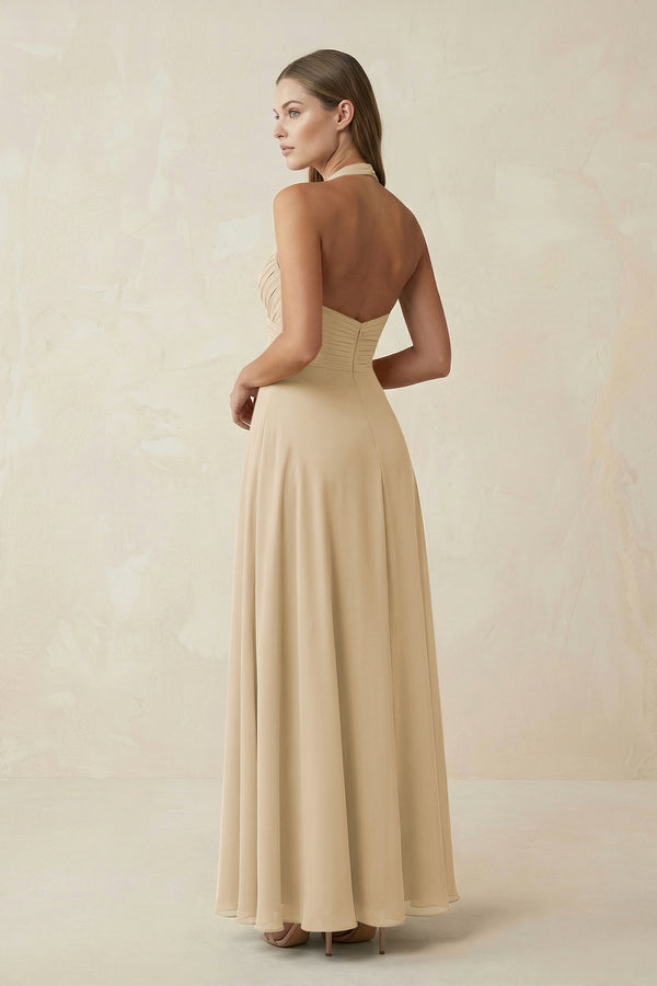 Champagne A-Line Pleated Chiffon V-Neck Bridesmaid Dress (2) | KISSBRIDAL