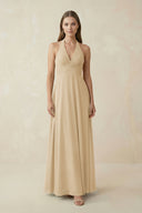 Champagne A-Line Pleated Chiffon V-Neck Bridesmaid Dress | KISSBRIDAL