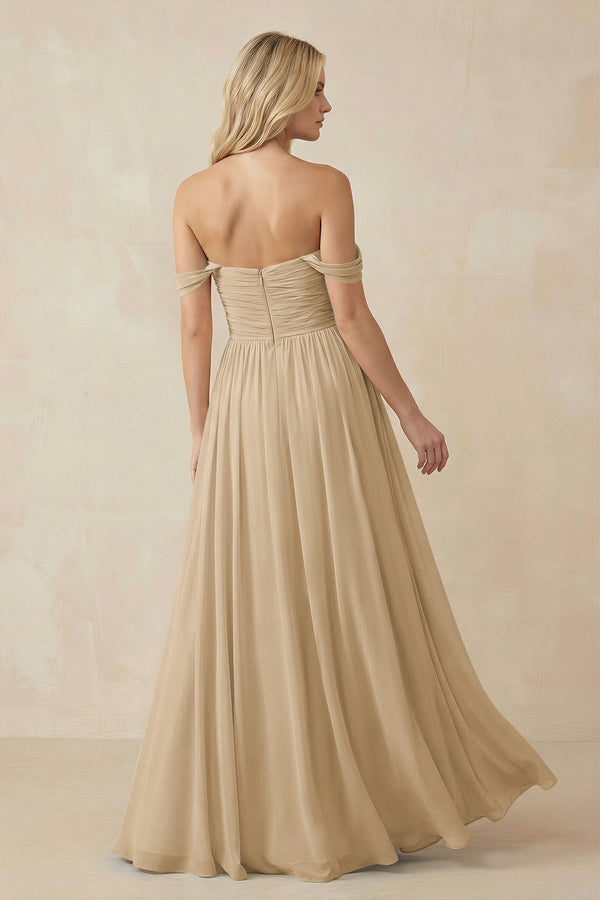 Champagne A-Line Pleated Long Chiffon Bridesmaid Dress (2) | KISSBRIDAL
