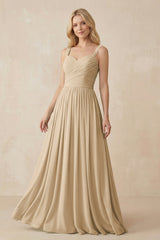 Champagne A-Line Pleated Long Chiffon Bridesmaid Dress | KISSBRIDAL