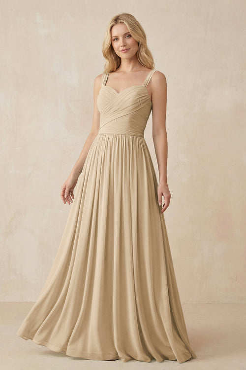 Champagne A-Line Pleated Long Chiffon Bridesmaid Dress | KISSBRIDAL