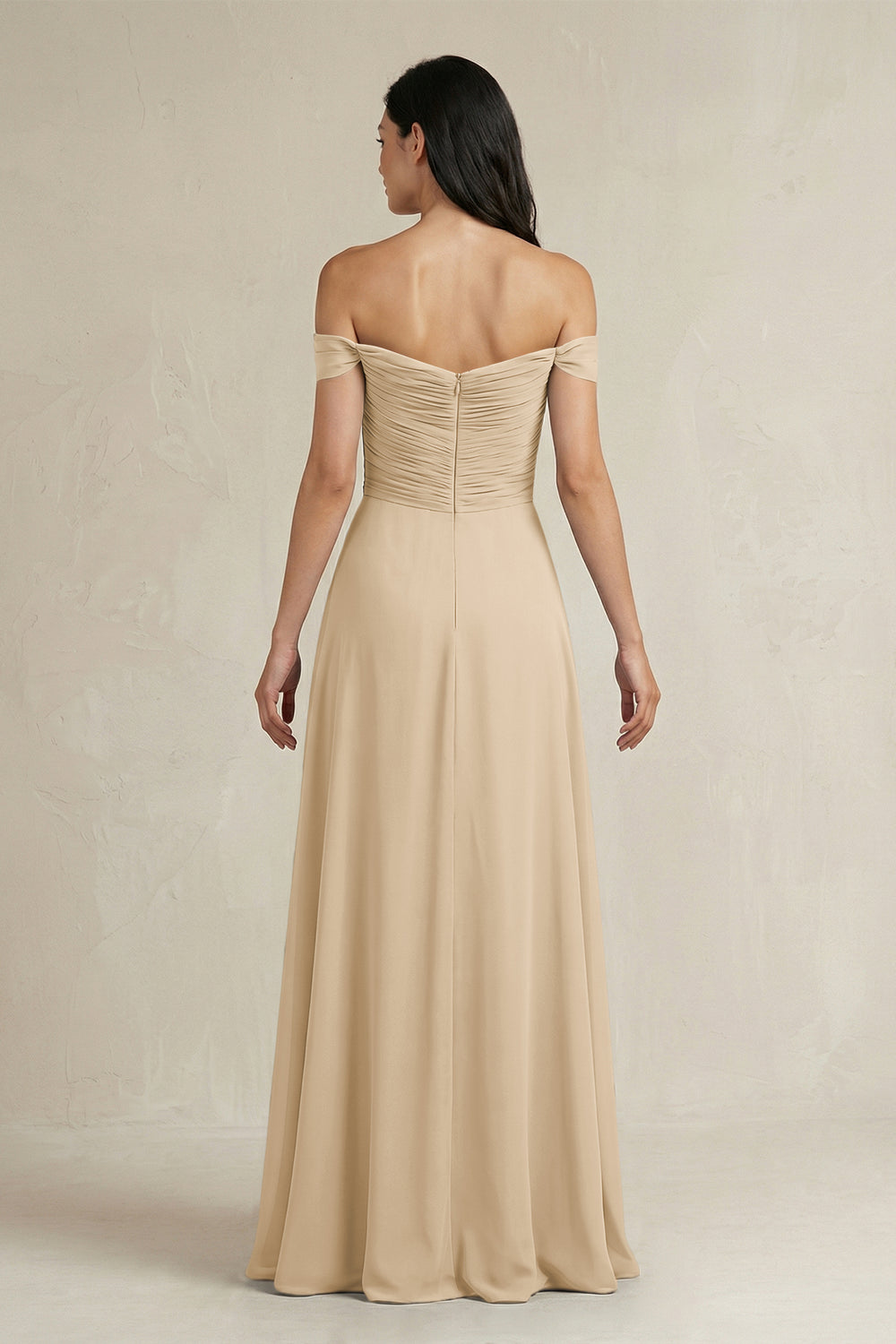 A-Line Pleated Off-the-Shoulder Chiffon Bridesmaid Dress in Champagne