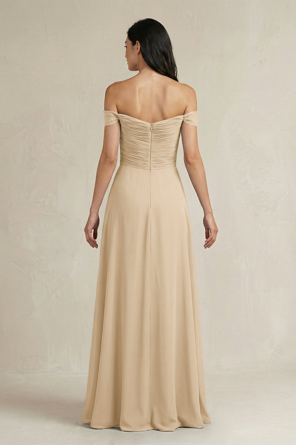 Champagne A-Line Pleated Off-the-Shoulder Chiffon Bridesmaid Dress (2) | KISSBRIDAL