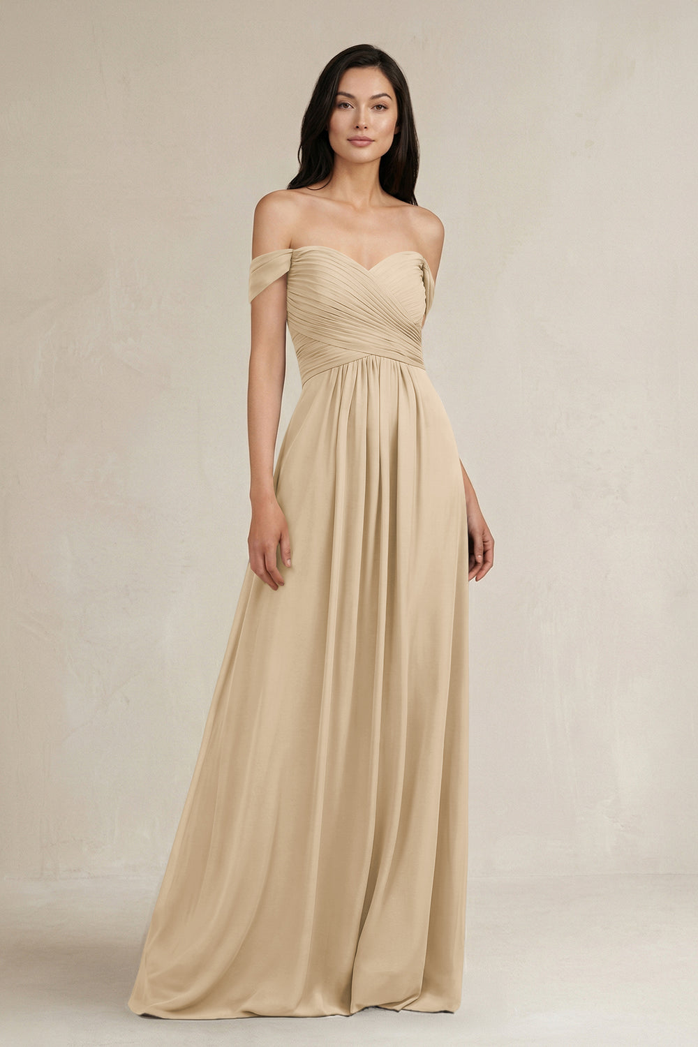 A-Line Pleated Off-the-Shoulder Chiffon Bridesmaid Dress in Champagne