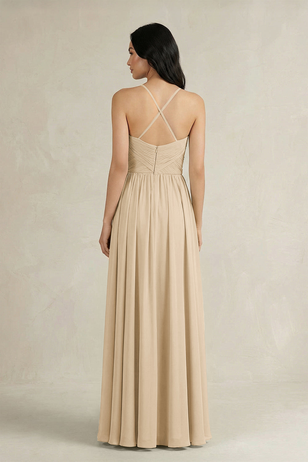 A-Line Pleated Spaghetti Strap Chiffon Bridesmaid Dress in Champagne