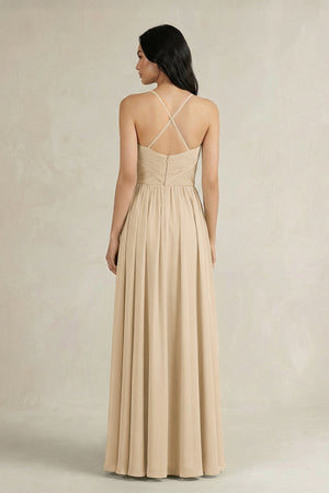 Champagne A-Line Pleated Spaghetti Strap Chiffon Bridesmaid Dress (2) | KISSBRIDAL