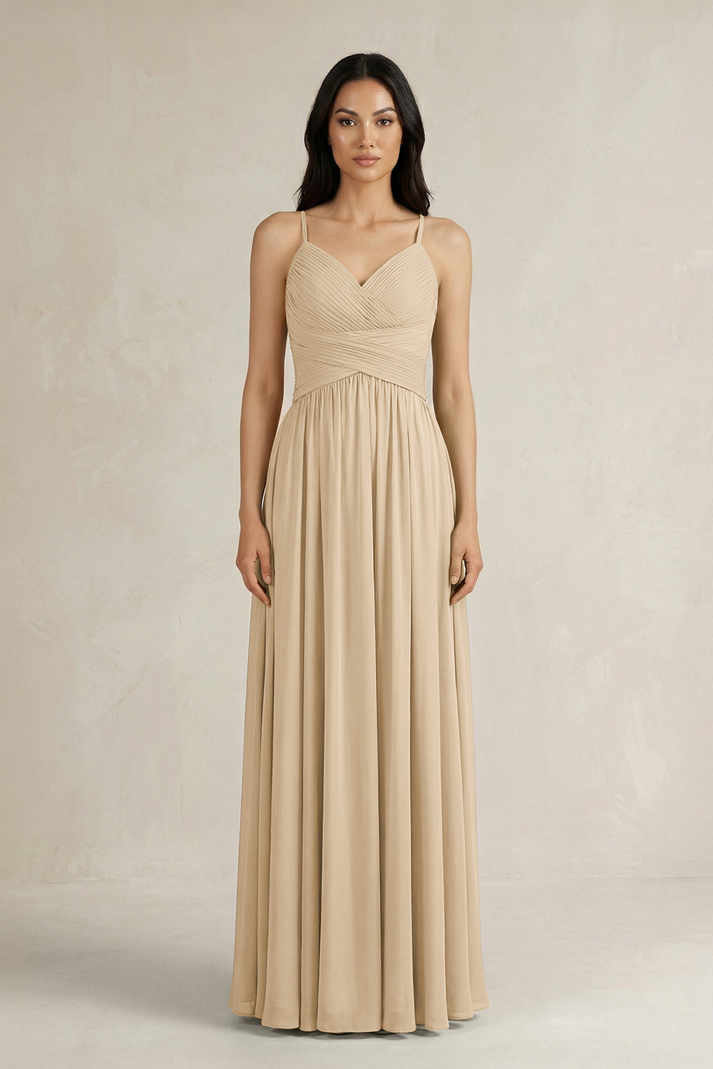 A-Line Pleated Spaghetti Strap Chiffon Bridesmaid Dress in Champagne