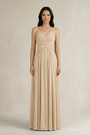 Champagne A-Line Pleated Spaghetti Strap Chiffon Bridesmaid Dress | KISSBRIDAL